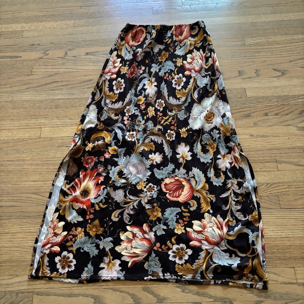 Anthropologie Floral Maxi Skirt XS Black Multi Viscose OB2057119 Boho Slit Skirt